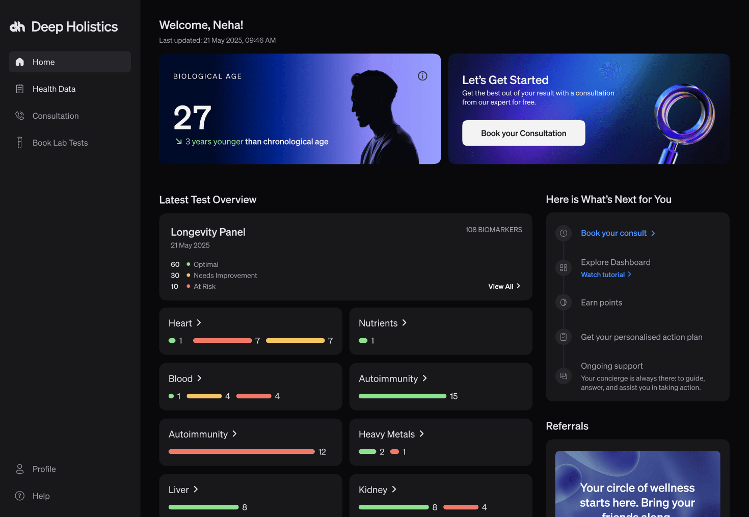 Deep Holistics health data dashboard showing biological age, test overview, and personalized recommendations